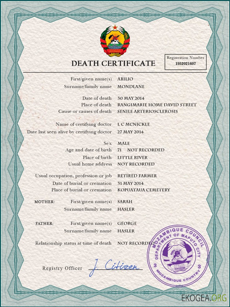 Modèle PSD de certificat de décès d'état civil du Mozambique